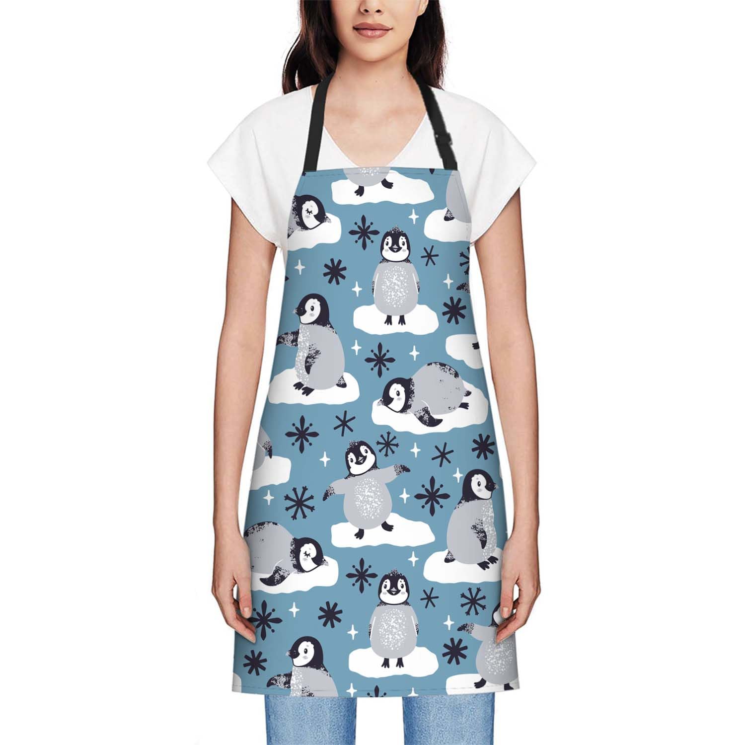 Smooffly Cute Penguins and Snowflakes Apron, Adjustable Neck Bib Apron for Men and Women Suitable for Kitchen Cooking, Waitress, Chef - Image 2