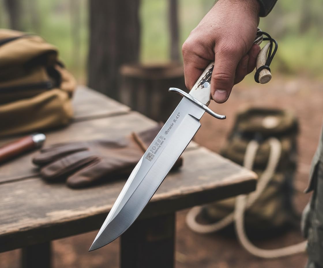 Joker Bowie Jagdmesser 9,45” CC139 mit Edelstahl-Schutz, Hirschhorngriffen, gerader Klinge von 23,5 cm, 554 gr, brauner Lederscheide, Werkzeug zum Angeln, Jagen, Campen und Wandern