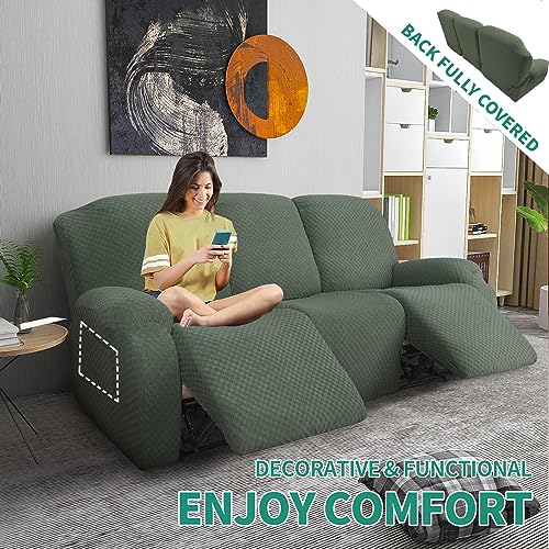 Image of YEMYHOM 8 Pieces Stretch Recliner Sofa Cover Jacquard Reclining Couch Cover with Side Pocket Anti-Slip Fitted 3 Cushion Furniture Slipcovers with Elastic Bottom (Large, Army Green)