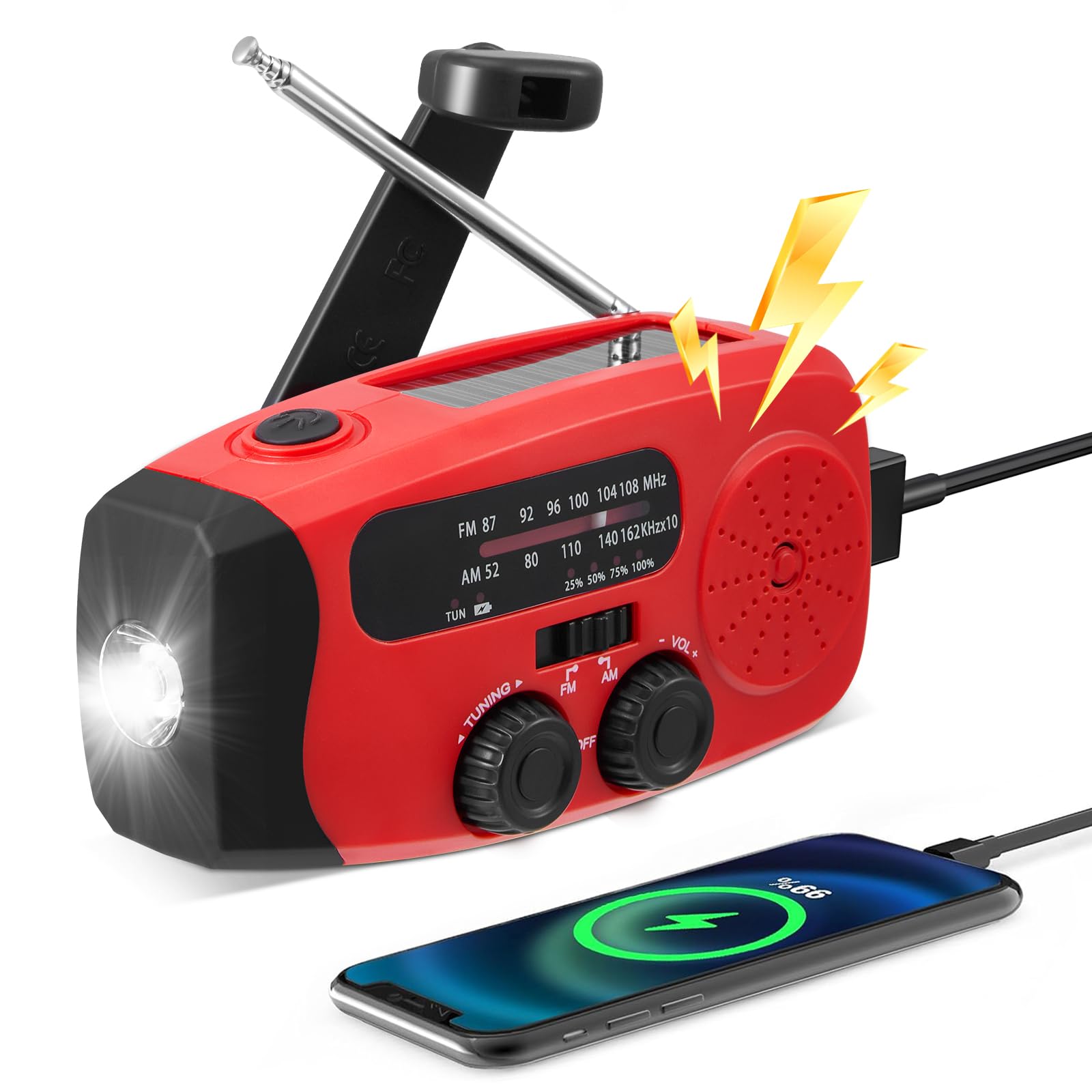 Radio Solaire d’Urgence, AM/FM Portable Radio Dynamo avec Lampe de Poche LED, Batterie 2000mAh,Radio à Manivelle, Idéal pour Camping, Randonnée, Panne de Courant et Kit de Survie