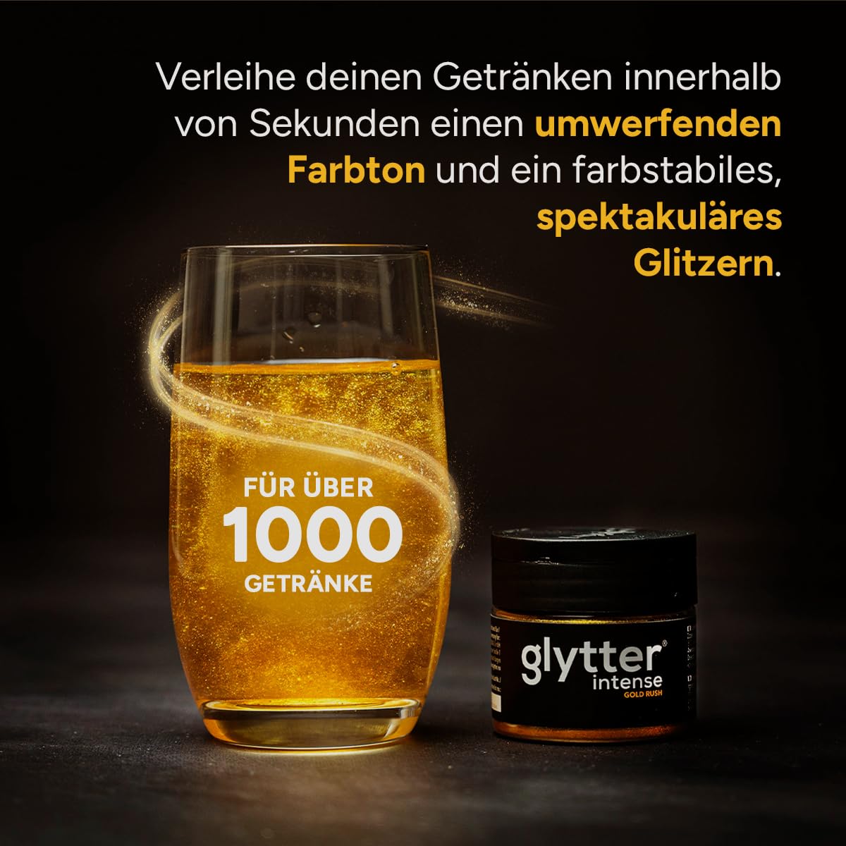 Glytter Glitzerpulver INTENSE Gold Rush für Getränke, trinkbares geschmacksneutrales Glitzerpulver für 1000 Getränke MADE IN GERMANY