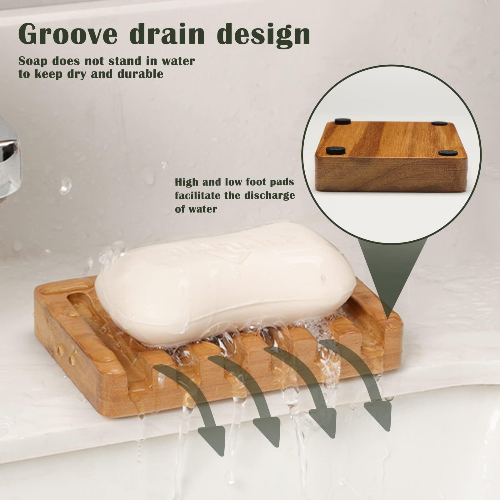 Juego de 2 jaboneras de madera de teca con drenaje inclinado | Soporte para jabón de barra para ducha, fregadero de baño, cocina | Bandeja de madera natural para guardar jabón con ranuras 3