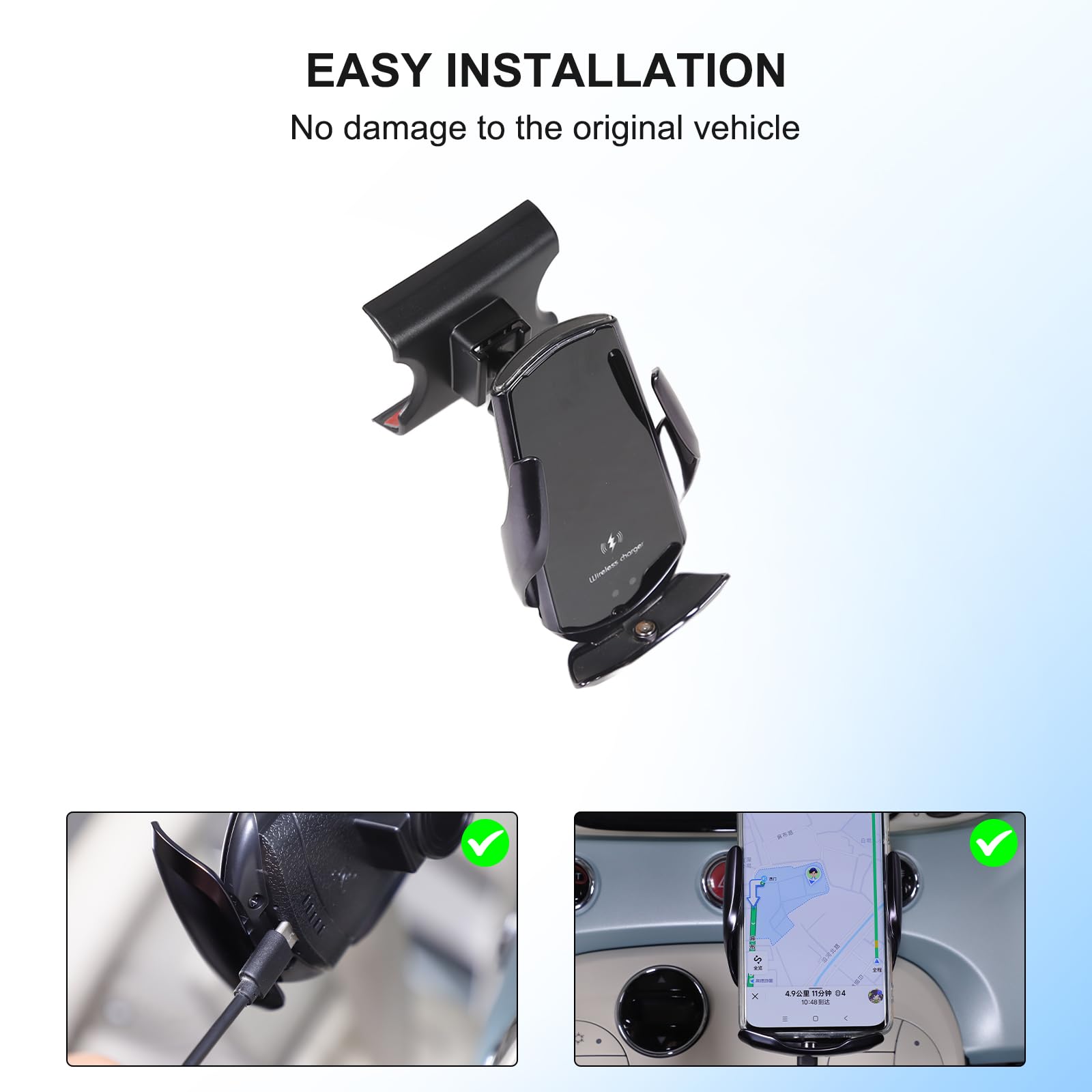 PIUGILH Supporto per cellulare per auto con funzione di ricarica, adatto per Fiat 500 2016-2024, ricarica wireless per telefono auto, adatto per smartphone da 4 a 7 pollici