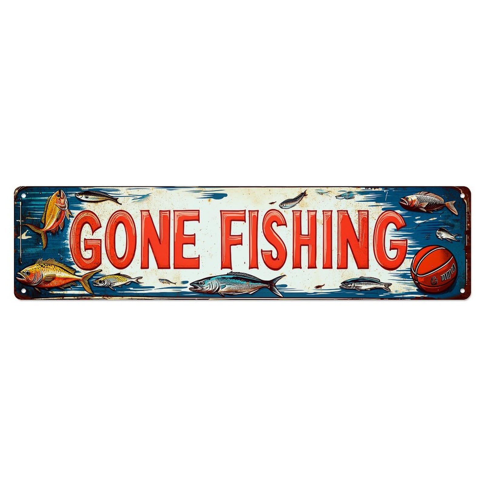 Gone Fishing Fish Water Basketball Metal Tin Sign Plaque