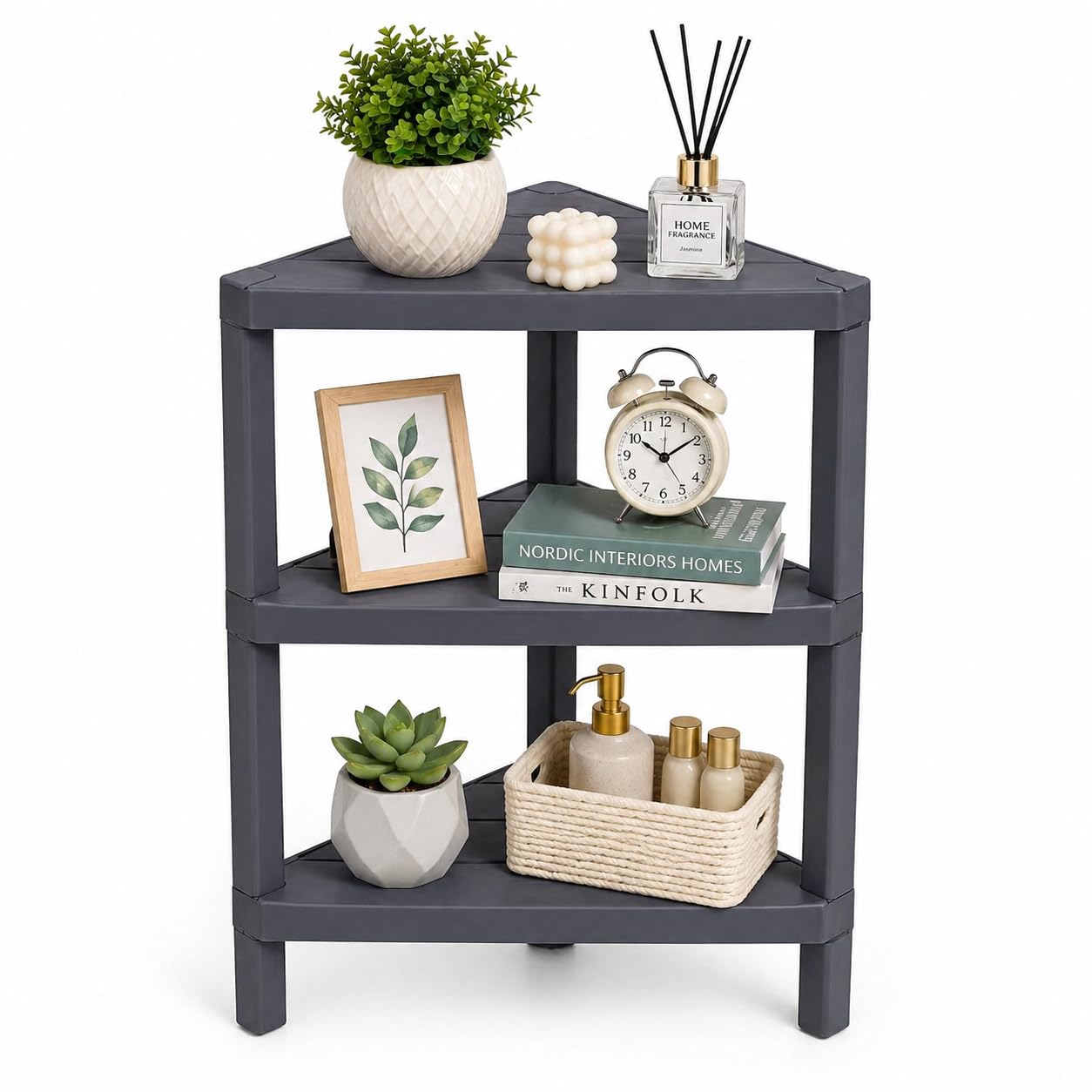DIVCHI 2 Tier Corner Shelf Triangle Space-Saving Freestanding Shelving Unit | Storage Shelves | Display Rack | Bookcase | Kitchen Stand | Living Room Organiser | Bedroom Bookshelf (Grey)