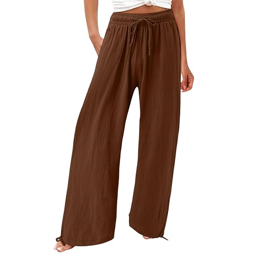 Women's Linen Summer Palazzo Pants Flowy Wide Leg Beach Trousers