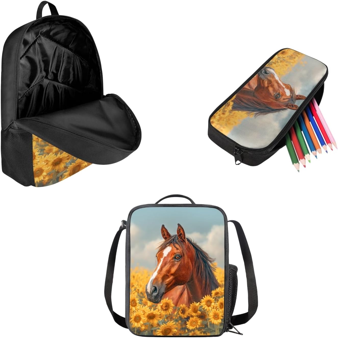Mumeson Horse Sunflower Backpack Set for Women Girls Teen School, Big Capacity Bookbag Rucksack with Insulated Lunch Bag and Small Pencil Case, 3 Piece Back to School Supplies Set