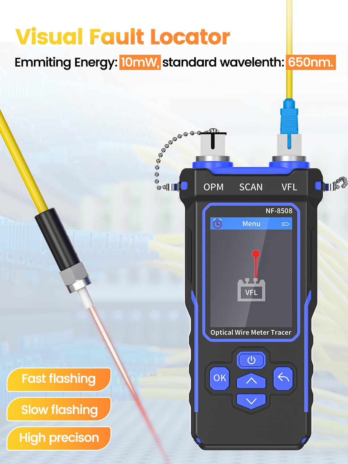 Tester per cavo di rete con 7 lunghezze d'onda ottica, tester Ethernet CAT5 CAT6 con localizzatore visivo di difetti da 10 mW, batteria al litio RJ11 RJ45, tracciatore di fili PoE con NCV e