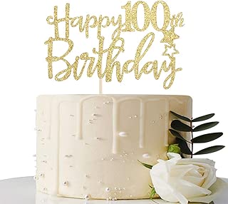 Gold Glitter Happy 100th Birthday Cake Topper,Hello 100, Cheers to 100 Years,100 & Fabulous Party Decoration - coolthings.us