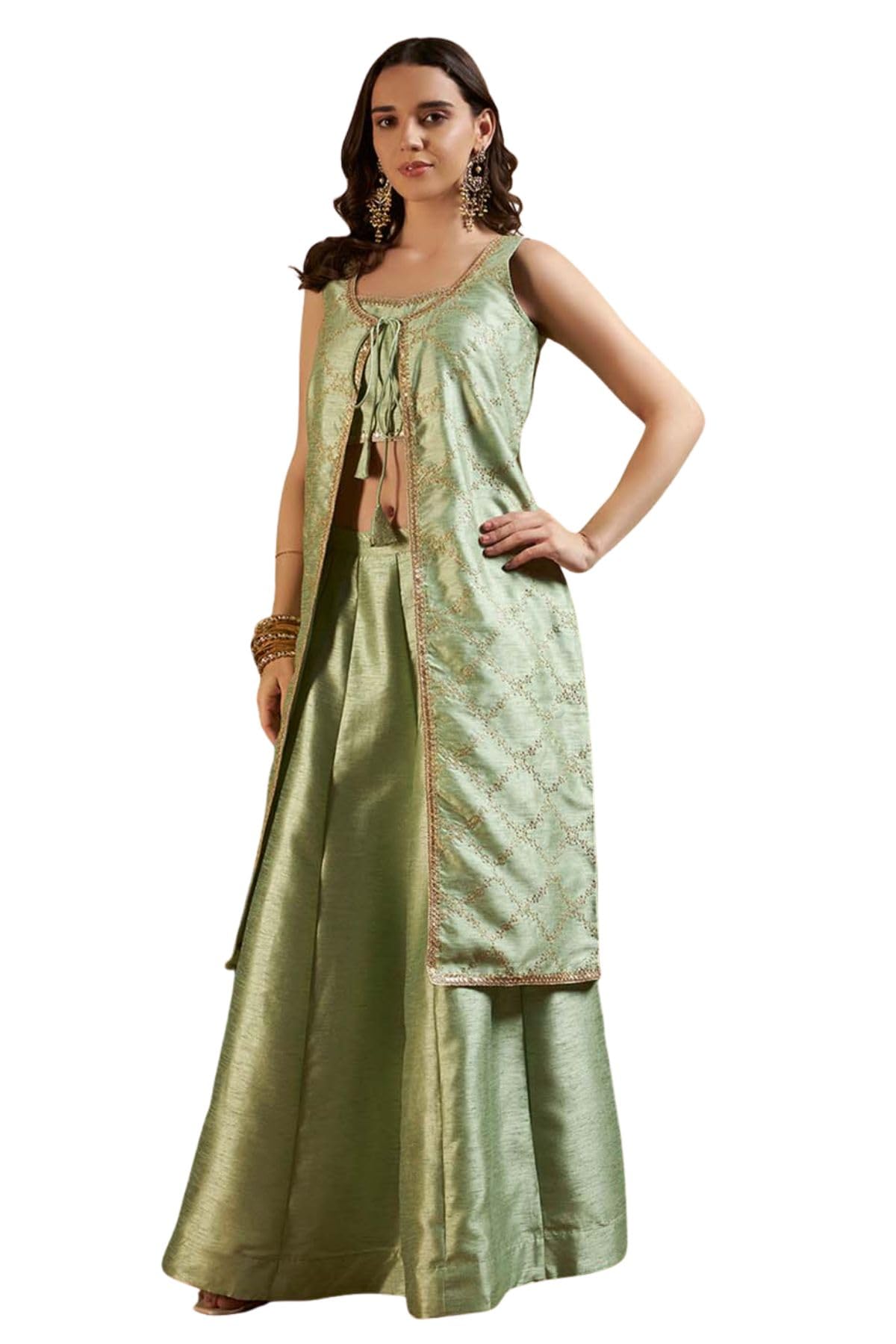 Mint Green Embroidered Lehenga Set with Sleeveless Jacket, Strap Blouse, Flowy Kali Lehenga, Lace Detailing for Wedding and Festive Occasions-image-47