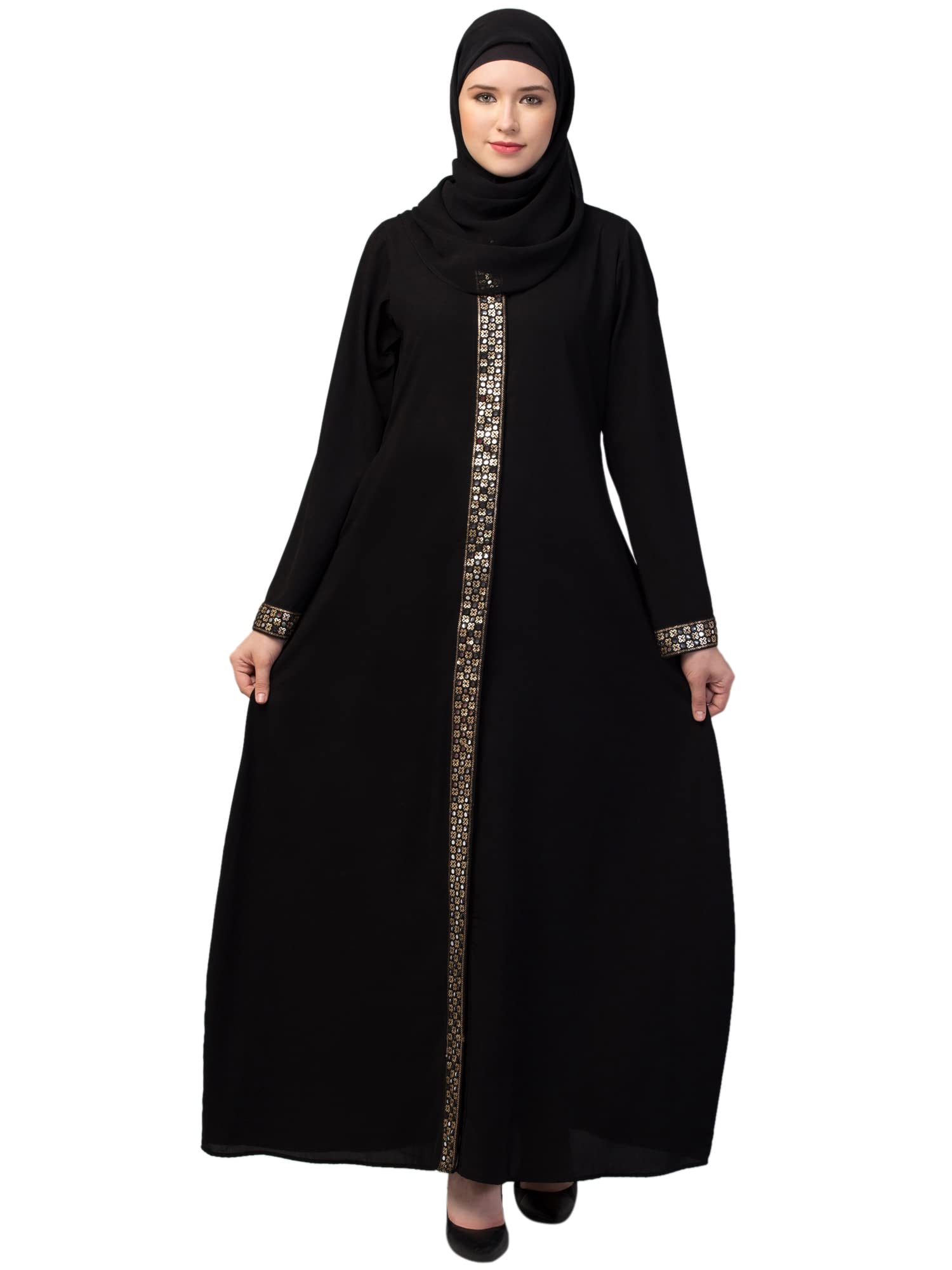 Women's Front Open Abaya Dress with Lace Work at front and on Sleeves- Fashionable Burqa for Ladies and Girls-image-2