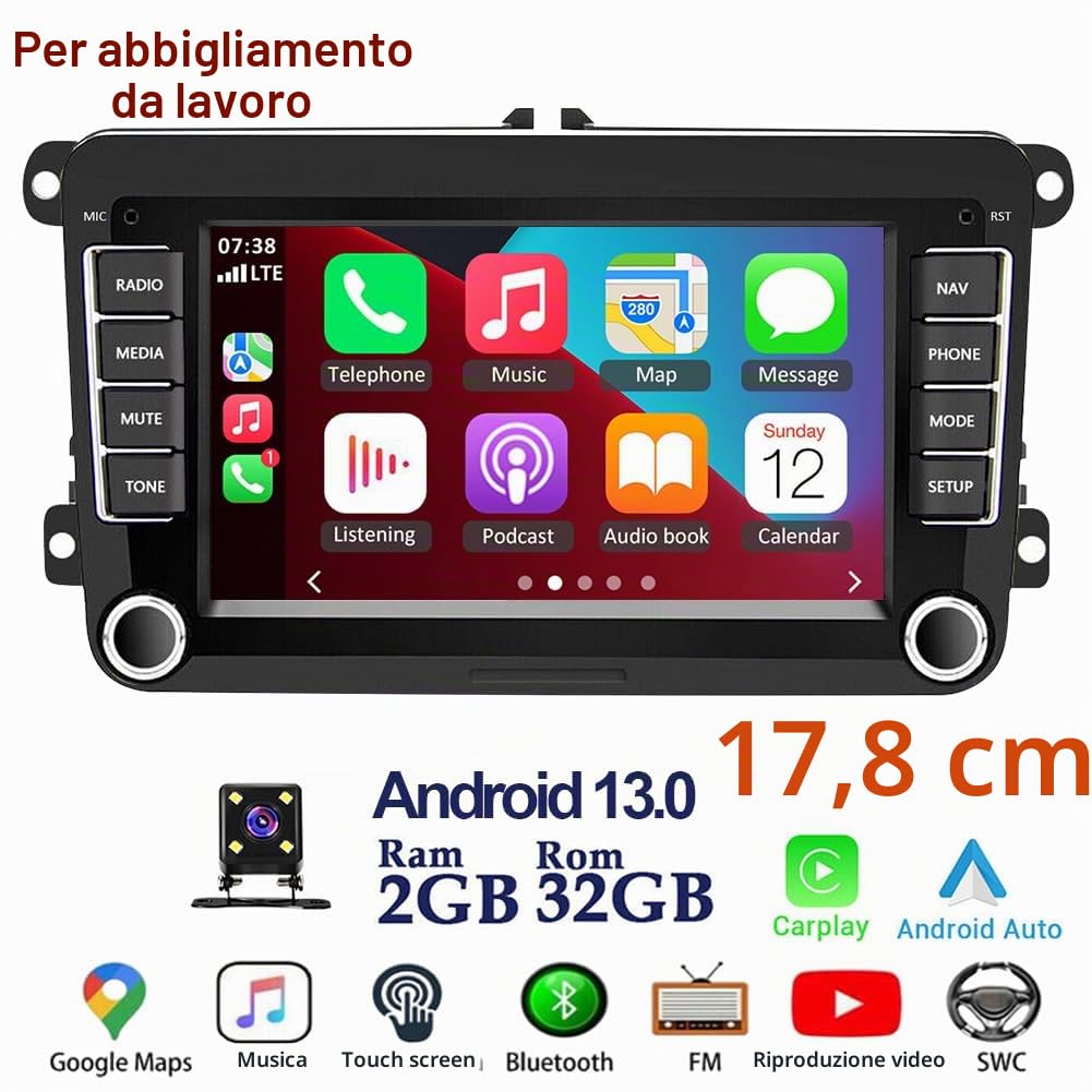2+32G Android 13 Autoradio per VW Tiguan 2009-2015 2016 2017 con Carplay Android Auto, 7 pollici Touchscreen Lettore Ricevitore Multimediale Digitale con Bluetooth WiFi FM navigazione GPS
