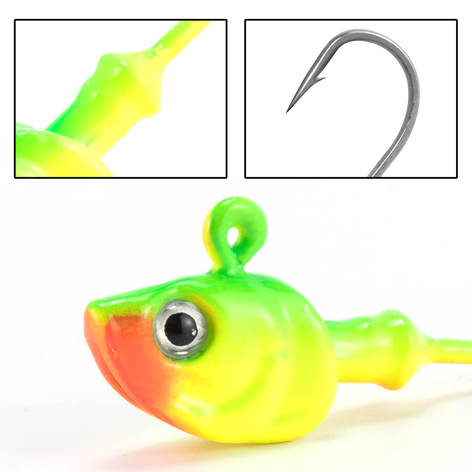 Dr.Fish 10 Cabezas plomadas para Pesca de Agua Salada, Ojos 3D, anzuelos de Acero de Alto Carbono, señuelo para Bar, Surf, Pesca, fletán, pompón, Bar