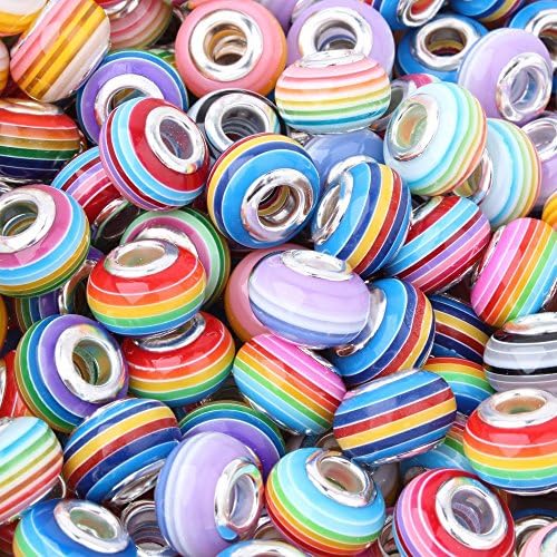 RUBYCA 100Pcs Mix Striped Large Hole Beads Acrylic fit European Charm Bracelet for Jewelry Making