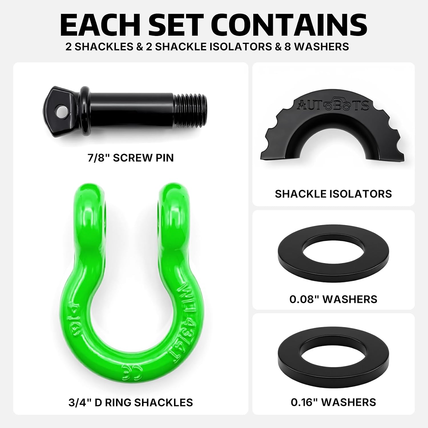 AUTOBOTS D Ring Shackles 3/4" Heavy Duty Green | 45,000lb Break Strength, Clevis Shackle with 7/8 Pin and Isolator Washers, for Tow Strap Jeep Vehicle Off Road Recovery