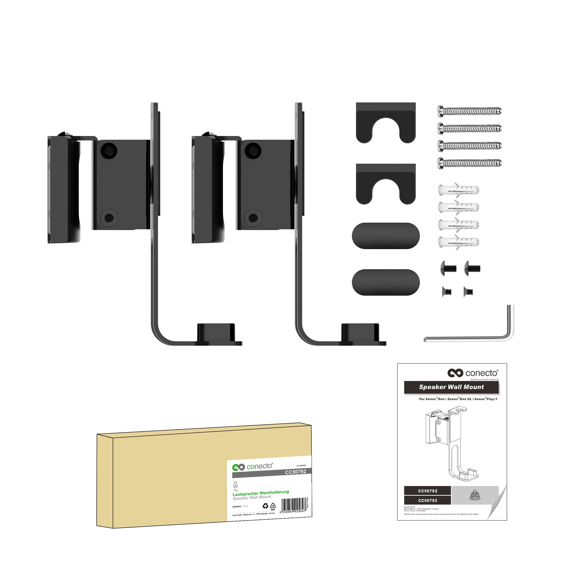conecto Uchwyt ścienny na głośnik, kompatybilny z Sonos® One, Sonos® One SL, Sonos® Play:1, nośność: 3 kg, zestaw 2 szt., czarny