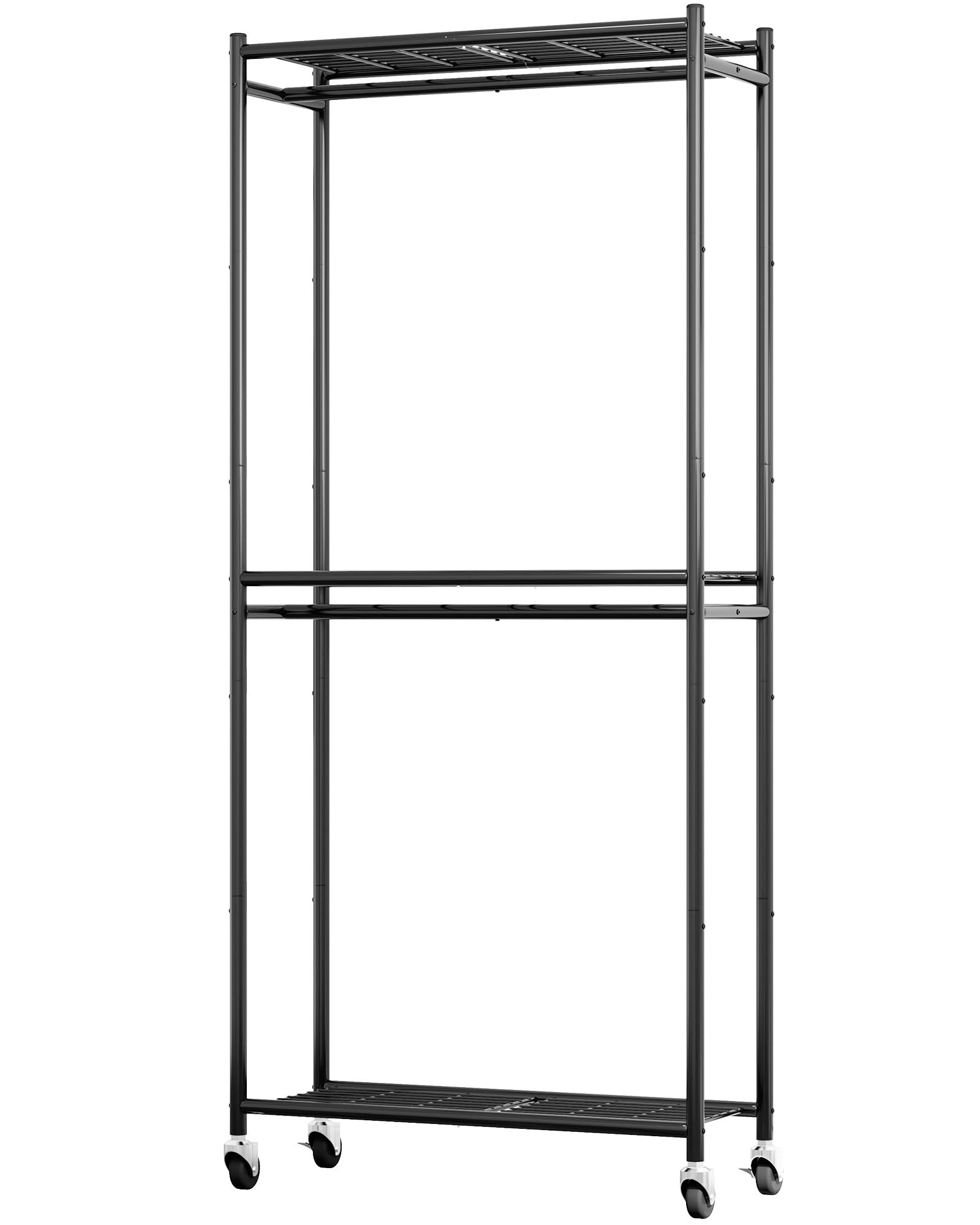 Sakugi Kleiderständer auf Rollen – Kleiderständer mit Ablagen & Haken, Multifunktionale Kleiderstange aus Metall für Schlafzimmer, Wäscheraum, Balkon, 84 x 31 x 200 cm, Schwarz
