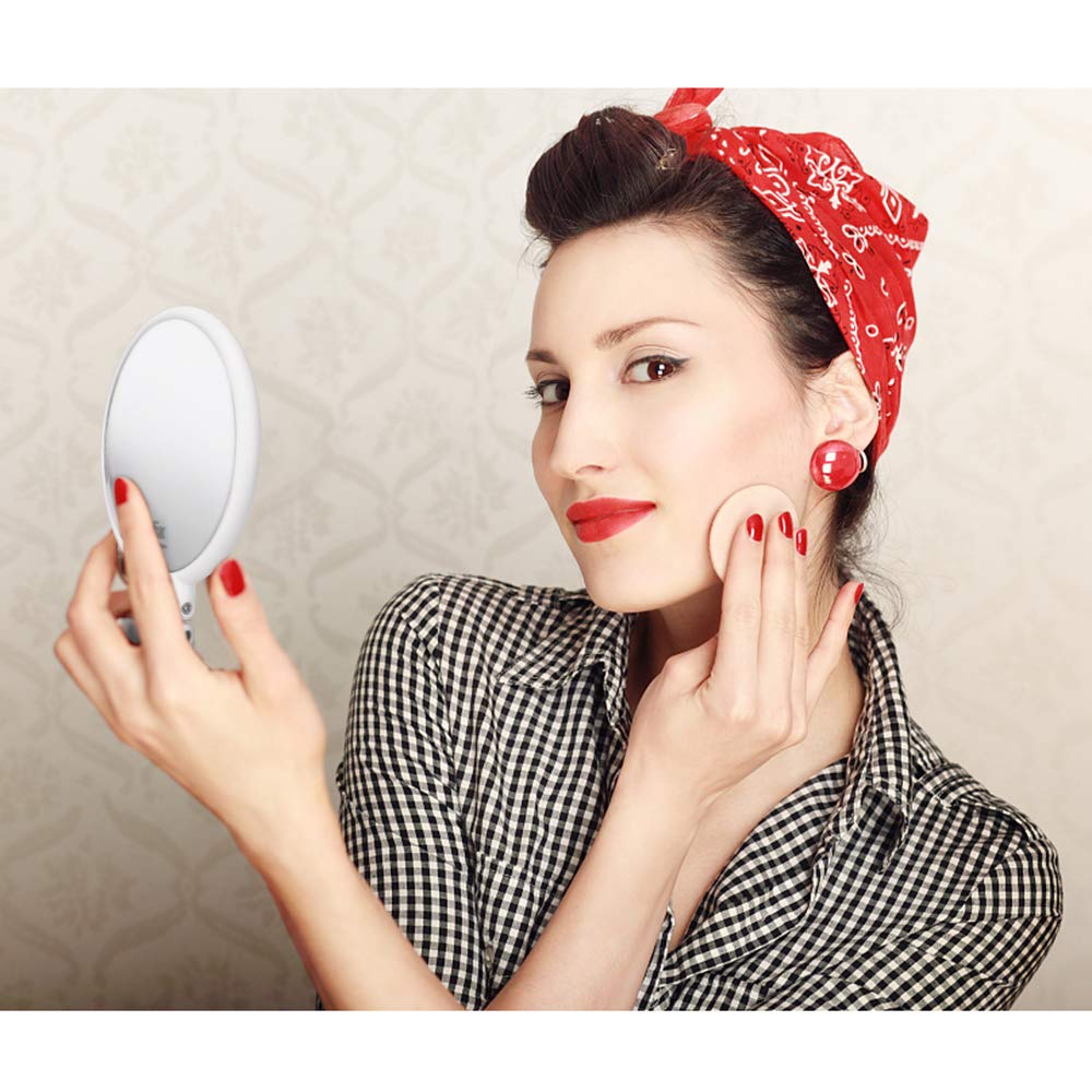 Specchio Trucco Bifacciale Ingranditore 5X/1X Specchio Cosmetico a Mano con Manico Pieghevole Specchietto da Viaggio Portatile per Sospeso Tavolo, Hand Held Mirror Tondo Piccolo (Bianco)