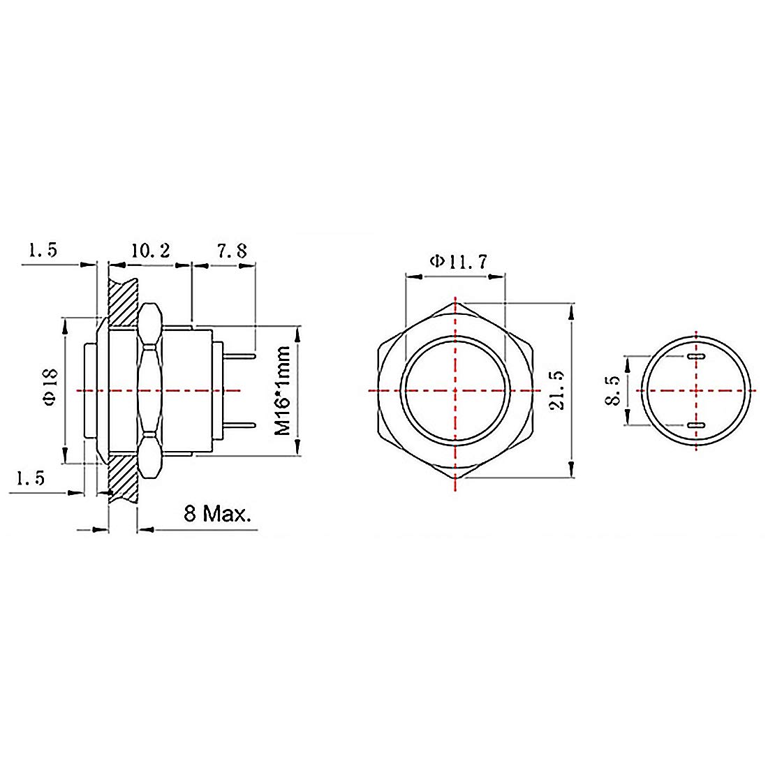 Larcele 16mm Push Button Switch Waterproof Momentary Metal DIY Switch 1No Stainless Steel Shell JSANKG-01,5 Pieces(J Pin Terminal,High Round Head)