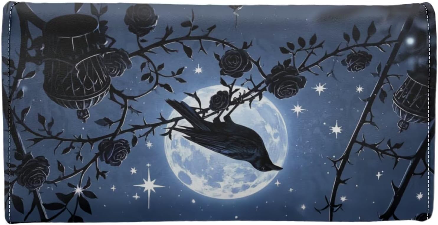 Moon Night Raven Slim Long Wallet for Women Black PU Leather Money Manager, Gothic Rose Thorn Zipper Billfold Wallet Clutch Organizer Credit Card Holder - Image 3