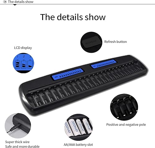 Miniatura 3 de Cargador de batería inteligente LCD de 24 ranuras para baterías recargables AA/AAA NiMH/NiCd Cargador de batería inteligente múltiple con adaptador