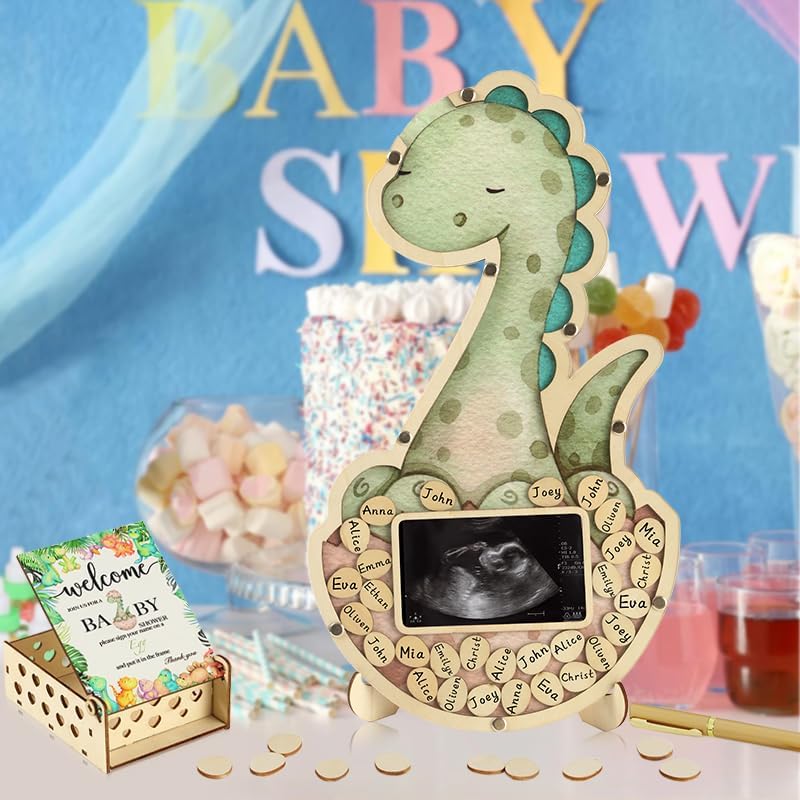 Adzt's 63 Pcs Baby Shower Event Guest Book Alternatives Set Baby Shower Decorations,60 Wood Slices Guest Book for Birthday Dinosaur, Baby Shower Guestbook with Photo Frame Baby Frame Keepsake