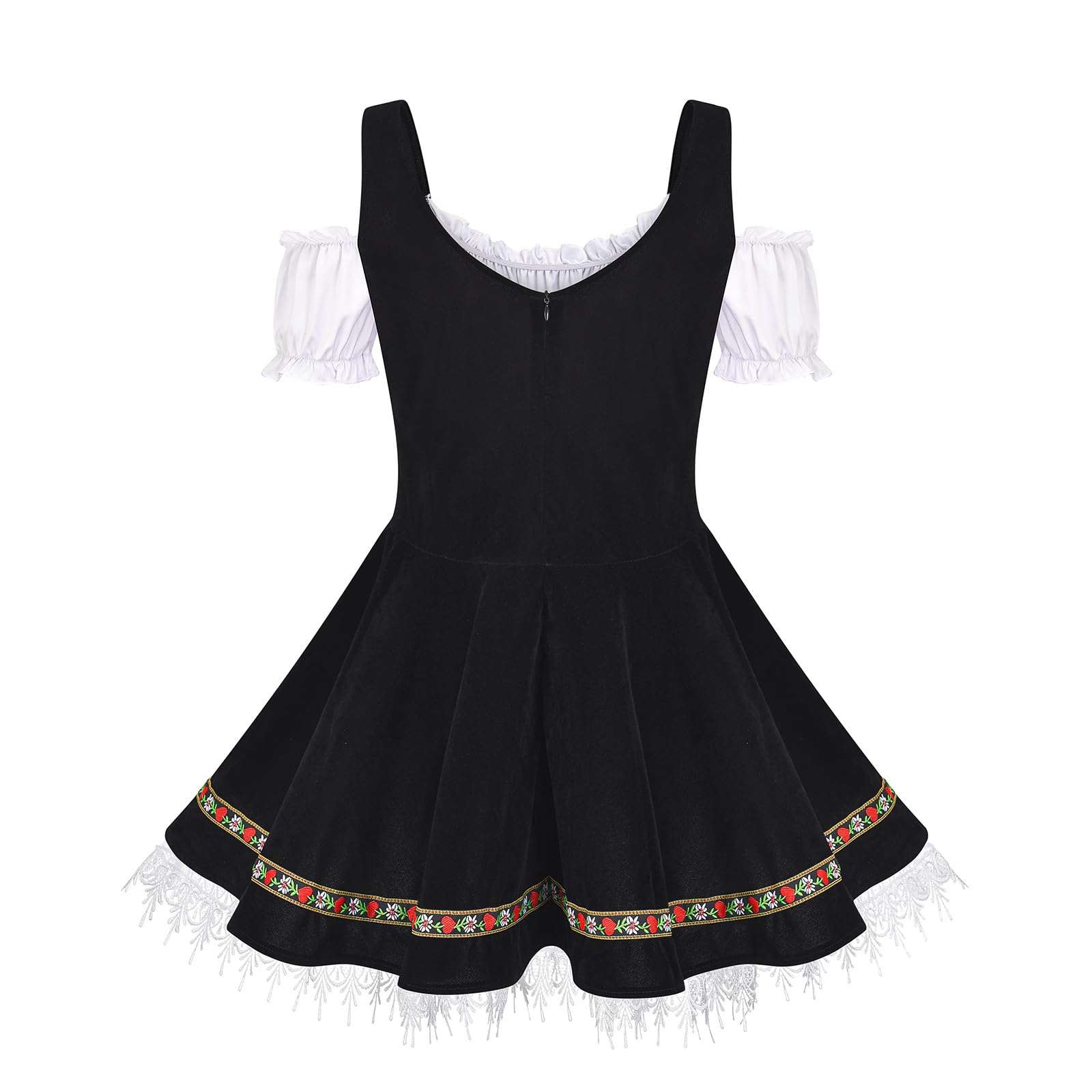 Dirndl Damen Midi Dirndelkleider Oktoberfest Outfit Trachten Rock Dirndlkomplettsets mit Puffärmeln Bluse und Spitzenbesatz Partykleid Maxikleider Festlich Halloween Kleidung Trachtenmode