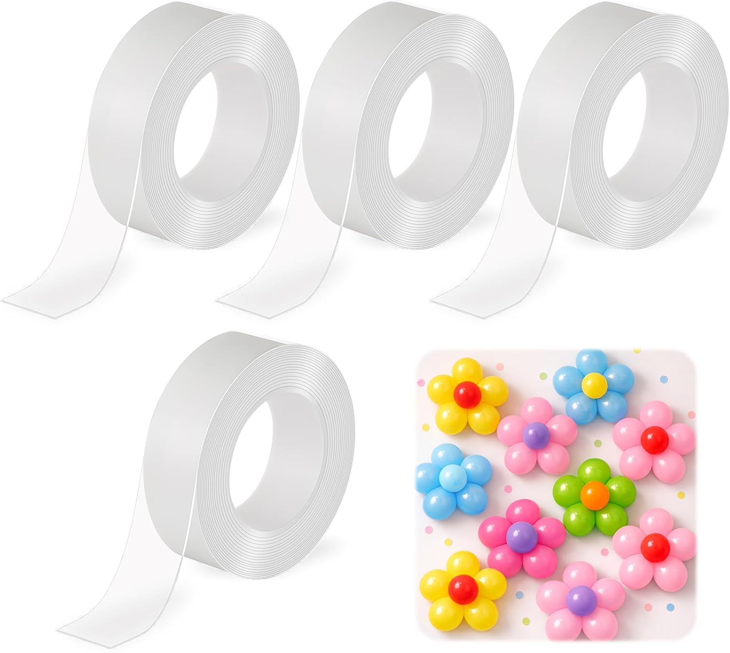 4 Rolls Double Sided Tape for Balloons Heavy Duty Removable and Washable 0.8"x118" Multipurpose Mounting Tape Picture Hanging Strips Adhesive for Poster Carpet Holiday Decorations