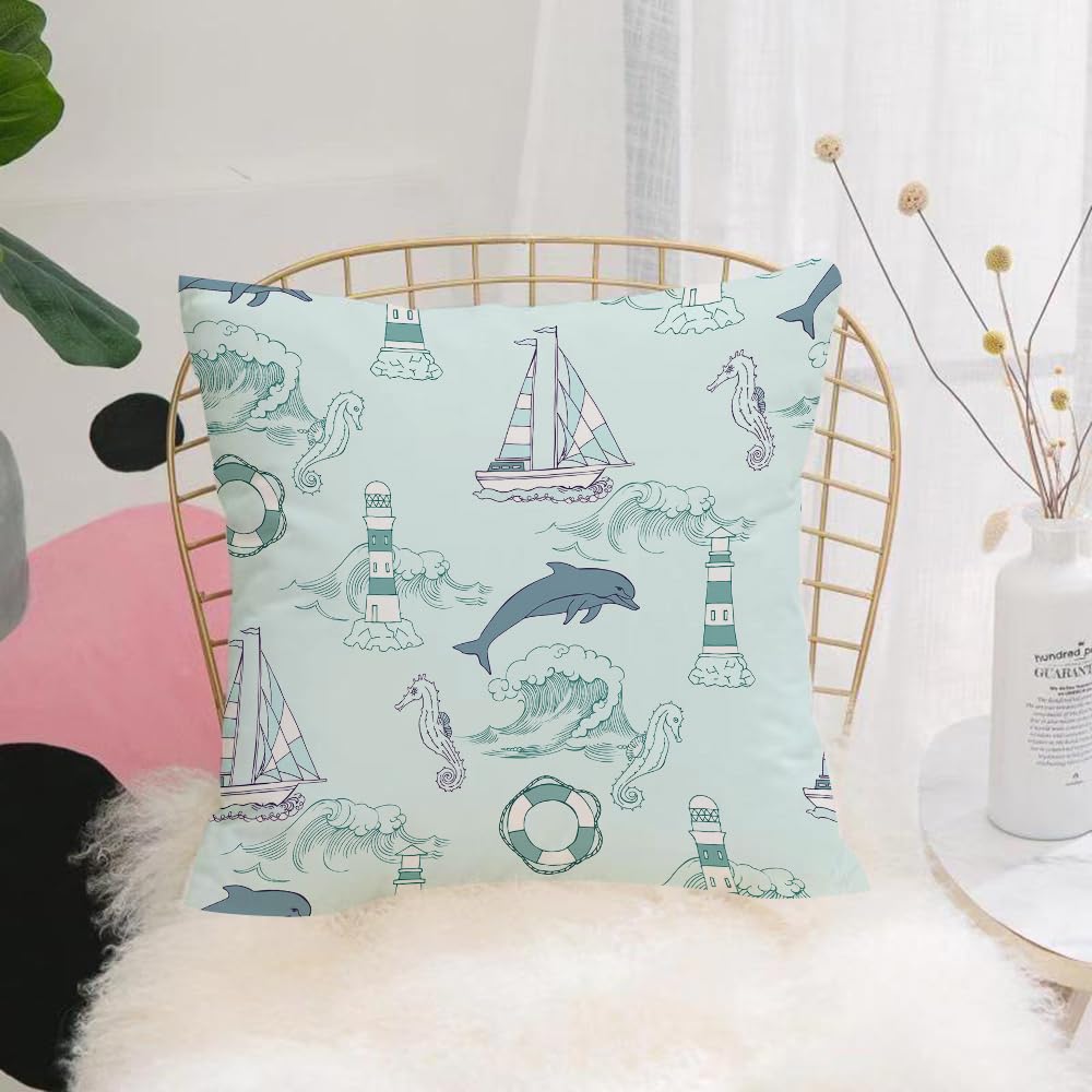HYOSXW Cushion Cover,Throw Pillow Case Home Decorative for Living Room Bedroom Sofa Chair 16X16 Inch,l seamless pattern with ships seahorse and dolphins. Hand drawn elements for su,Pillowcase 40X40cm