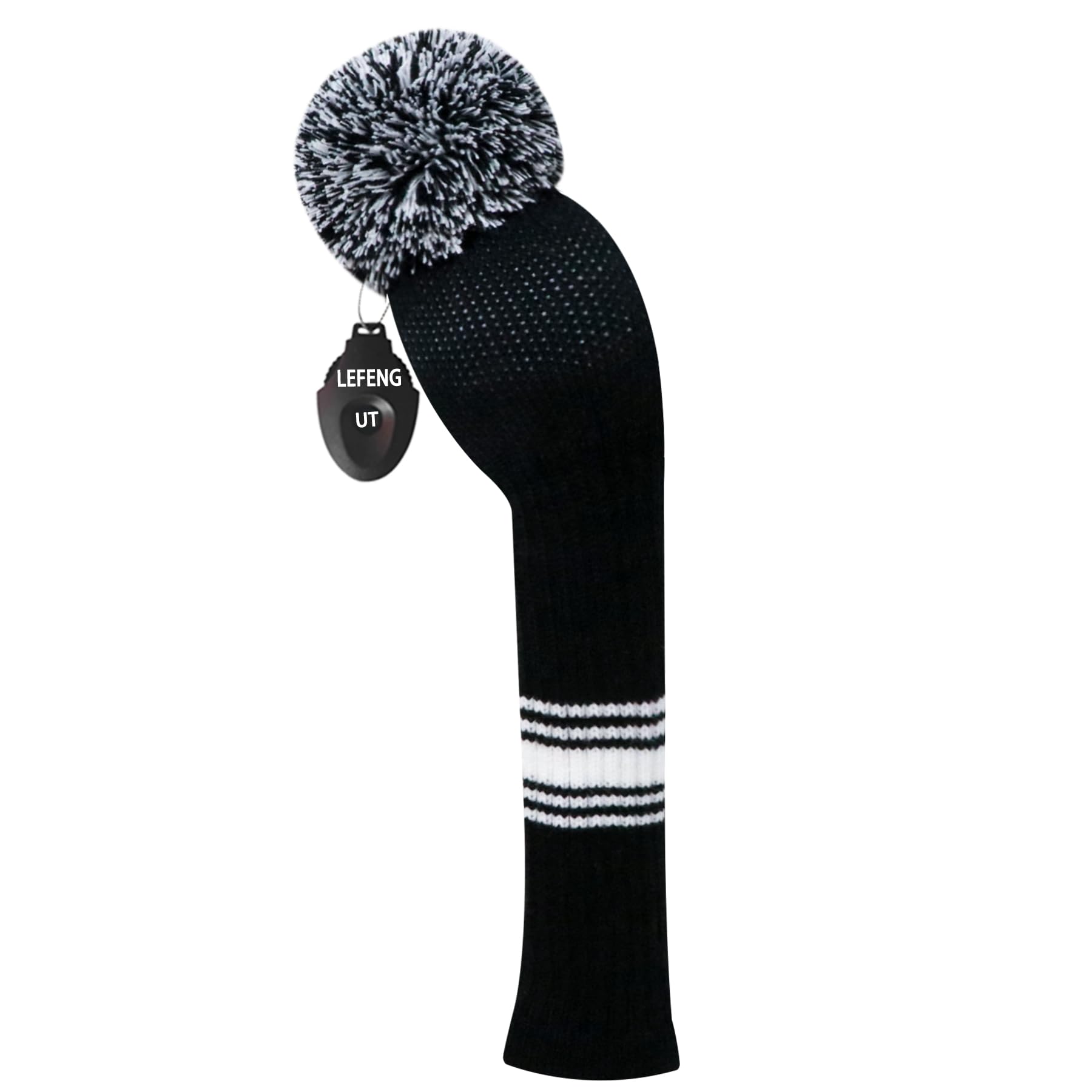 LeFeng 1Pcs Golf Club Cover, Knitted Golf Head Cover for 460cc Driver Fairway Woods and Hybrid with Cute Pom Pom and Number Tag(Pure Black,for Hybrid)