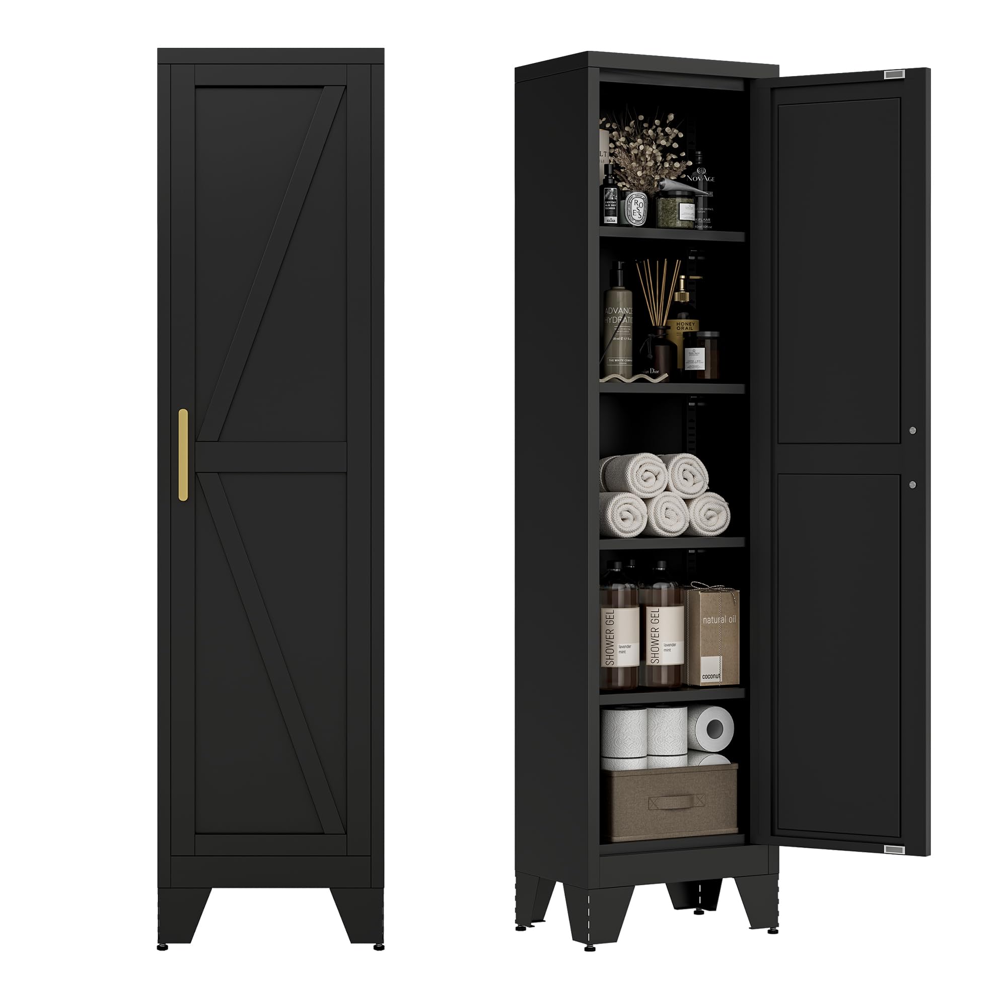 LCAOPC 67" Tall Narrow Bathroom Metal Storage Cabinet with 4 Adjustable Shelves, Freestanding 5 Tier Slim Pantry Storage Cabinet for Small Space, Black