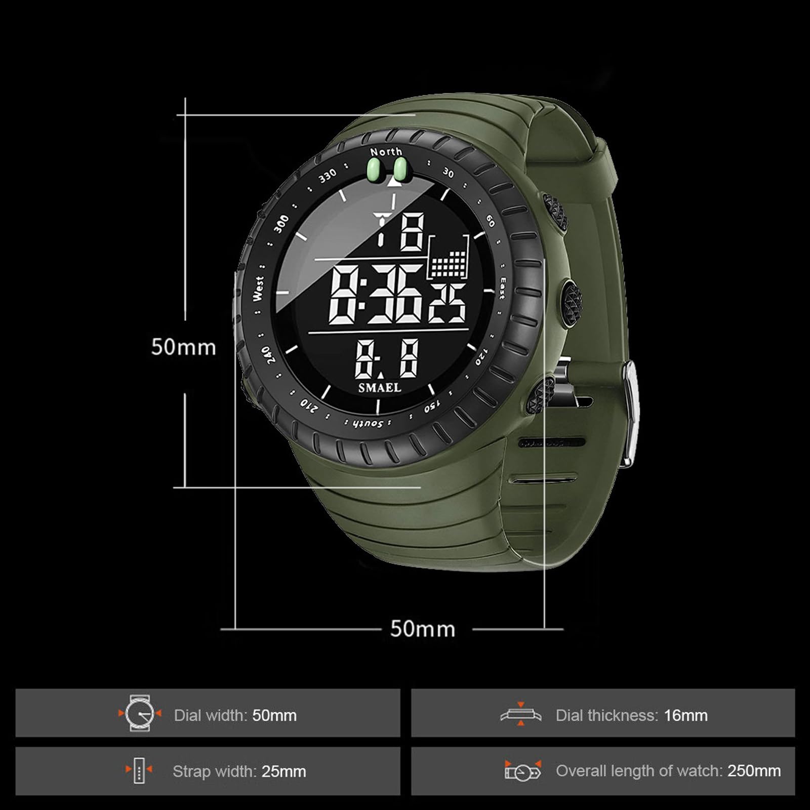 SMAEL Reloj digital 1237 para hombre con diseño elegante, funciones multifuncionales y cronometraje fiable, mantente en el camino con estilo (verde militar), Verde militar.