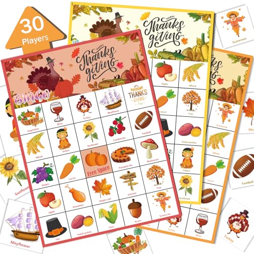 VESPRO 46PCS Thanksgiving Bingo Game Cards for 30 Players Thanksgiving Day Party Games Fall Bingo for Kids Party Classroom Activities 1.7