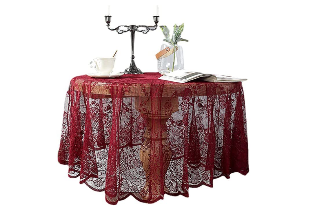 Retro Lace Dining Table Tablecloth,Round Shape 150cm/190cm Hollow Out Cover Cloth,Wine Red Green White Black Coffee Shop Tablecloths For Living Room/Balcony/Bedroom
