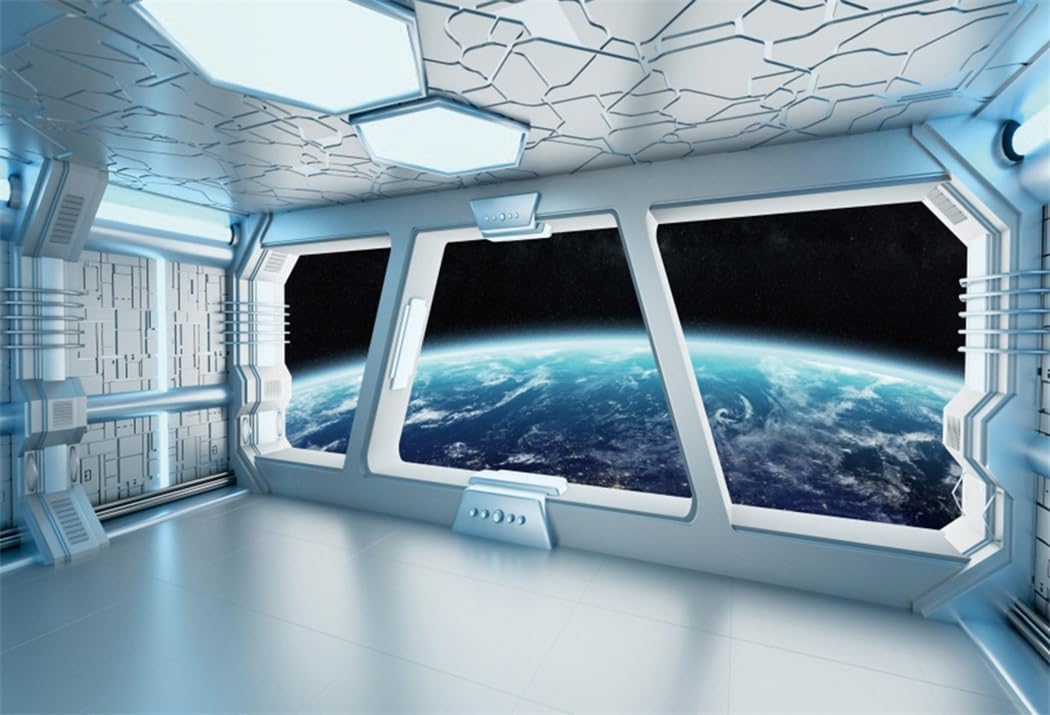AOFOTO 7x5ft Spaceship Interior with Window View On Planet Earth Backdrop Universe Exploration Science Fiction Spacecraft Photography Background Space Station Photo Shoot Studio Props Vinyl Wallpaper