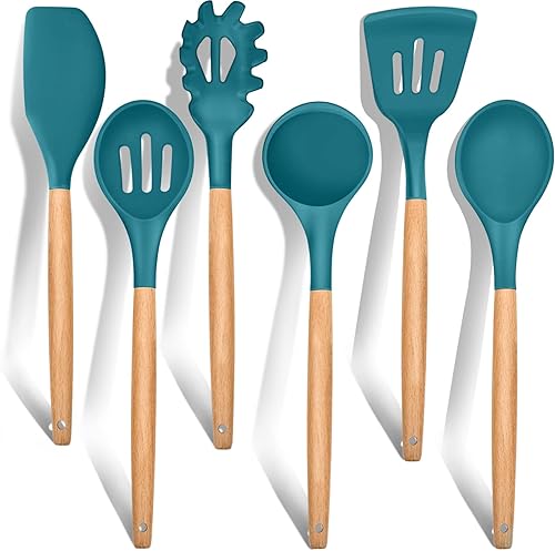 Miniatura 17 de E-far Juego de 6 Utensilios de Cocina, Utensilios de Cocina de Silicona con Mango de Madera, Compatibles con Utensilios de Cocina Antiadherentes y