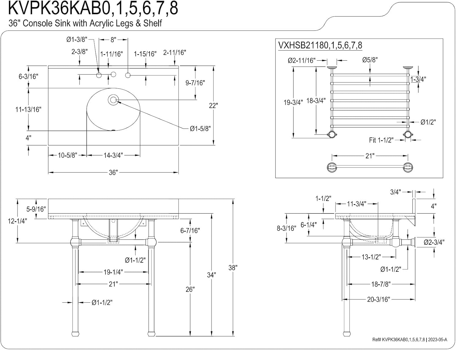Kingston Brass KVPK36KAB7 Templeton 36" Console Sink with Acrylic Legs (8-Inch, 3 Hole), Black Granite/Brushed Brass