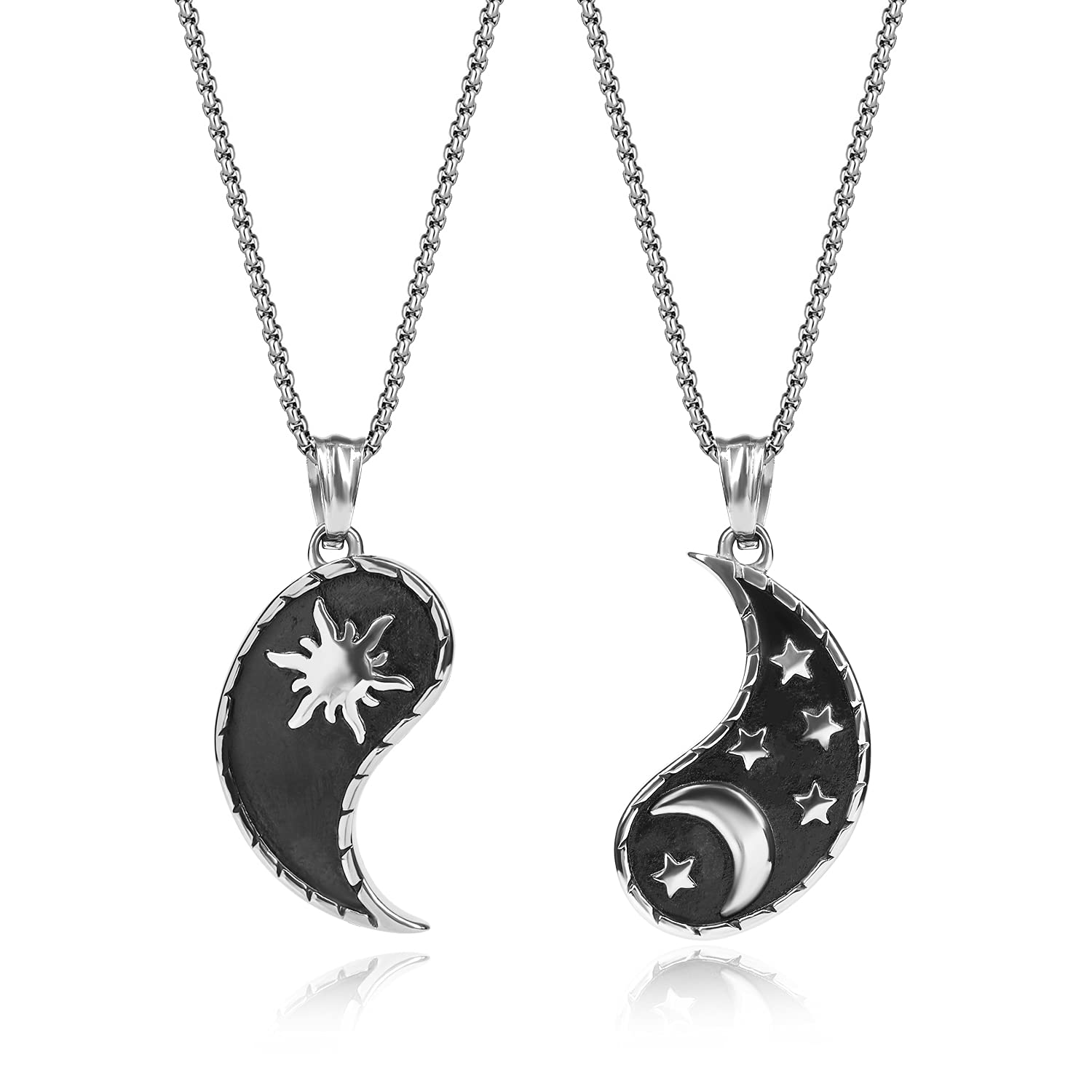 Women's Stainless Steel His And Hers Moon And Sun Necklaces For Couples, 20" & 22", Stainless Steel