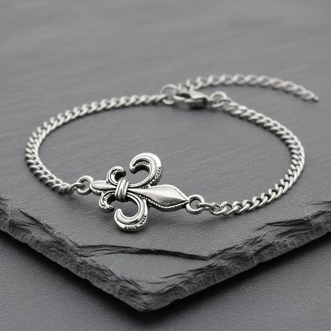 Stainless Steel Fleur De Lis Charm Bracelet, Handmade Adjustable French Monarch Jewelry