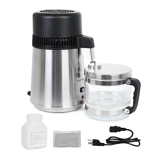 PUREPLUS Destilador de agua purificador de agua de destilación de acero inoxidable 304 con recipiente de vidrio destilador de agua de encimera de