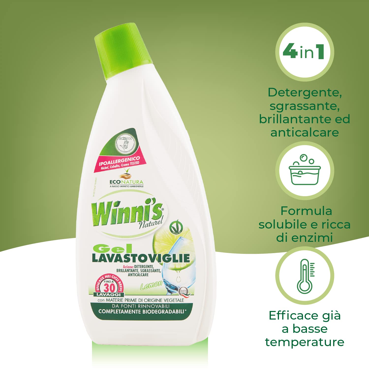 Winni's - Detersivo Gel Lavastoviglie Ipoallergenico, 360 Lavaggi, Azione Detergente, Sgrassante e Brillantante, Fragranza di Limone, con Materie Prime di Origine Vegetale, 750 ml x 12 Confezioni
