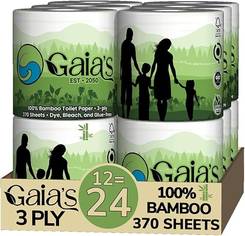 Gaias - Papel higiénico de bambú orgánico suave y de alta calidad, 12 megarrollos, 3 capas, 370 hojas, certificado FSC, sin PFAS y BPA, ecológico,