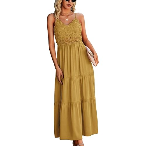 Dokuritu Women's Beach Crochet Lace Maxi Dress Solid Color Summer Spaghetti Strap Long Dress