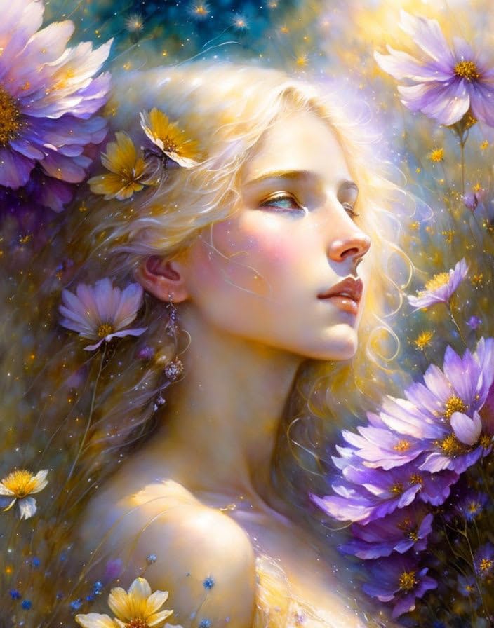 Affiches sur toile ange blond et fleurs de cosmos pour une ambiance douce et poétique