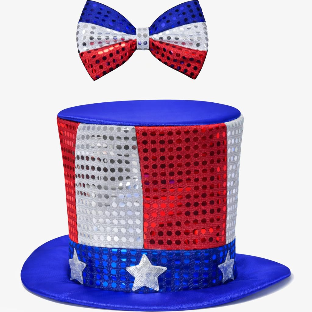 eBoutik - American Uncle Sam Hat & Bow Tie Set – Red White Blue Sequin Patriotic Costume Accessories for Adults – 4th July, Independence Day, World Cup USA Party Fancy Dress