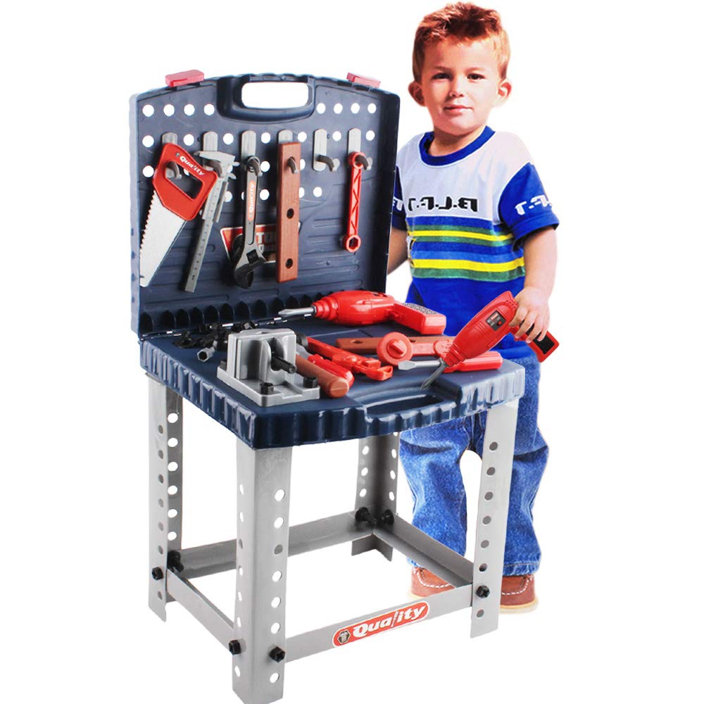 deAO Caja Herramientas Juguete,Taller Mecánico Plegable Maletín Herramientas y Accesorios de Juguete Playset Portátil,Incluye 60 Accesorios y Taladro,Regalo niño Juguetes Educativos 4 5 6 7 8 Años