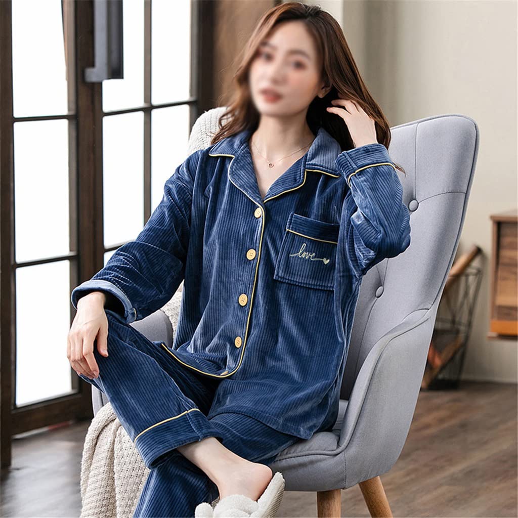 ZXLIHS Damen Winter-Pyjama-Set, dick, warm, Loungewear, Pyjama, Heimhose, warme Heimkleidung, Anzug (Farbe: Blau, Größe: L-Code) (Blauer XXL-Code)