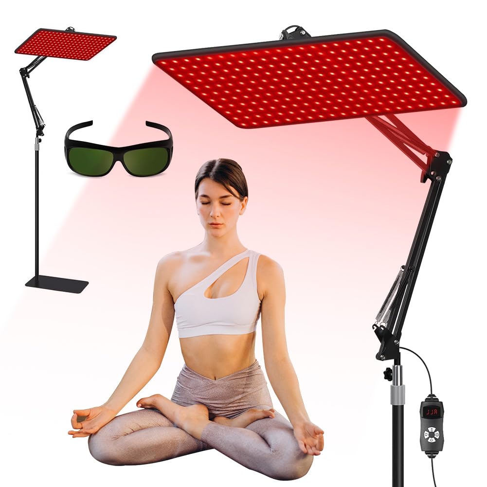Lampa na podczerwień do ciała i twarzy, z 200 diodami LED, 5 stopni jasności i trzema długościami fal (660/850/940 nm), Duży panel z regulowanym stojakiem i goglami ochronnymi (200 LED)