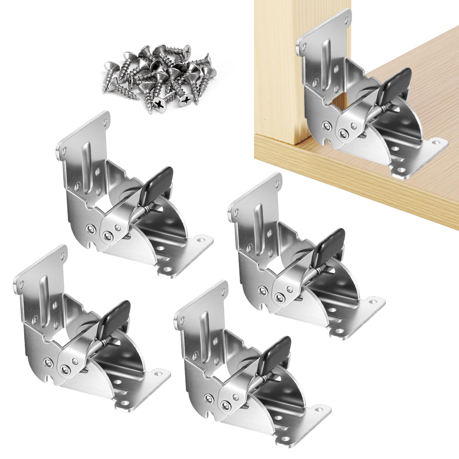 Folding Brackets 4 Pack, Heavy-Duty Self-Locking Hinges with Screws, Foldable Lock Extension Support Brackets for Table Legs, Bed Legs, Workbenches – Silver