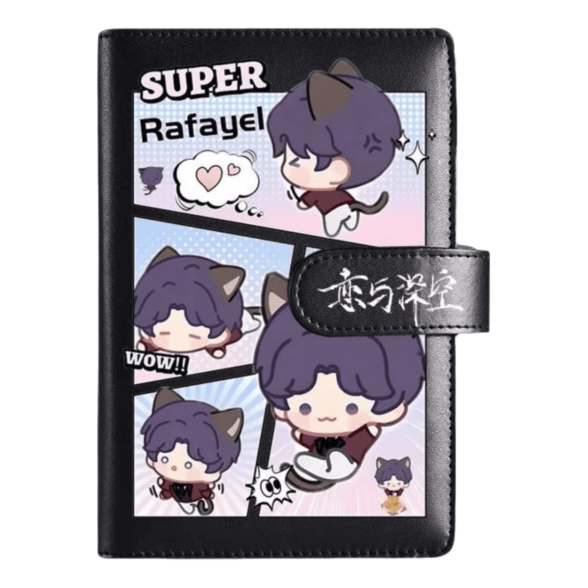 Rafayel Love and Deepspace Planner Journal - Black A6 PU Leather Binder with 80 Sheets (160 Pages) Grid Lines - Chibi Design for Fitness Daily Plans Fan Gifts - Zouven